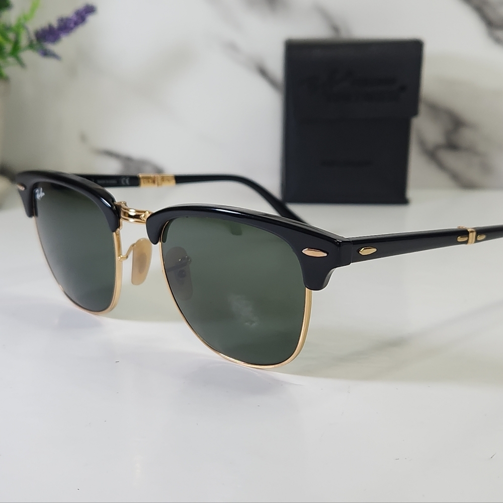 Ray-Ban Clubmaster FOLDER Sunglasses. Black and Gold Frame RB 2176